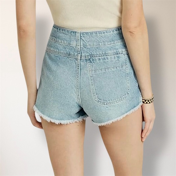 Free People Emmy Denim Skort Light Blue Wrap Asymmetric Side Tie Raw Hem Size 4 - Picture 4 of 11